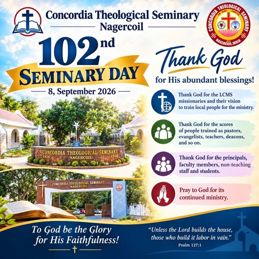 The poster shows the front view of Concordia Theological Seminary and has text announcing the 102nd anniversary and inviting all well wishers to pray for the seminary